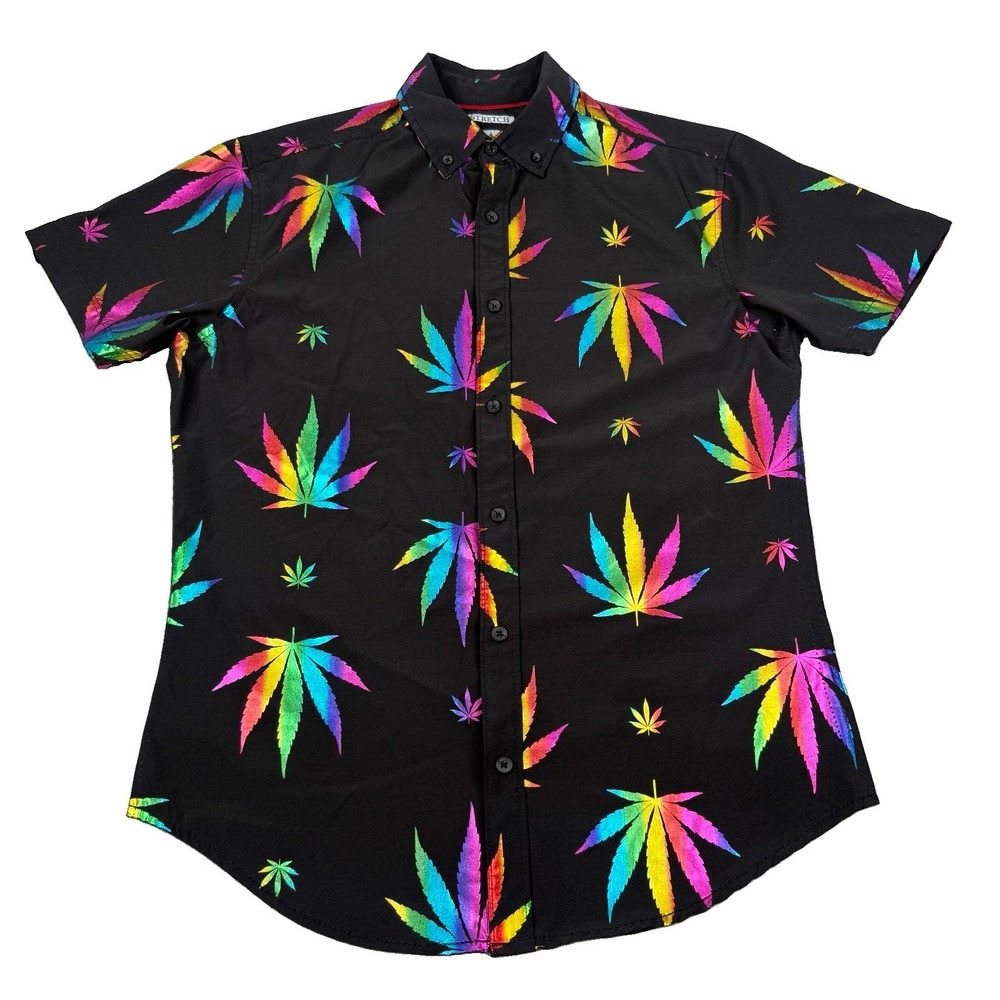 Kronic Prints Shirt Men Medium Black Rainbow Cannabis Leaf Button Up 420 Stretch